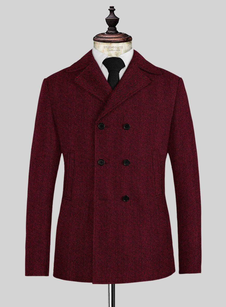 Naples Wide Herringbone Mahogany Tweed Pea Coat - StudioSuits