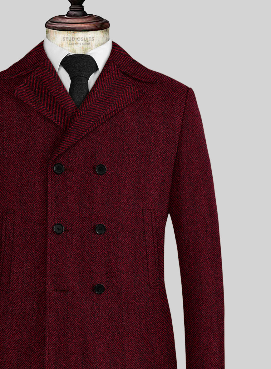 Naples Wide Herringbone Mahogany Tweed Pea Coat - StudioSuits