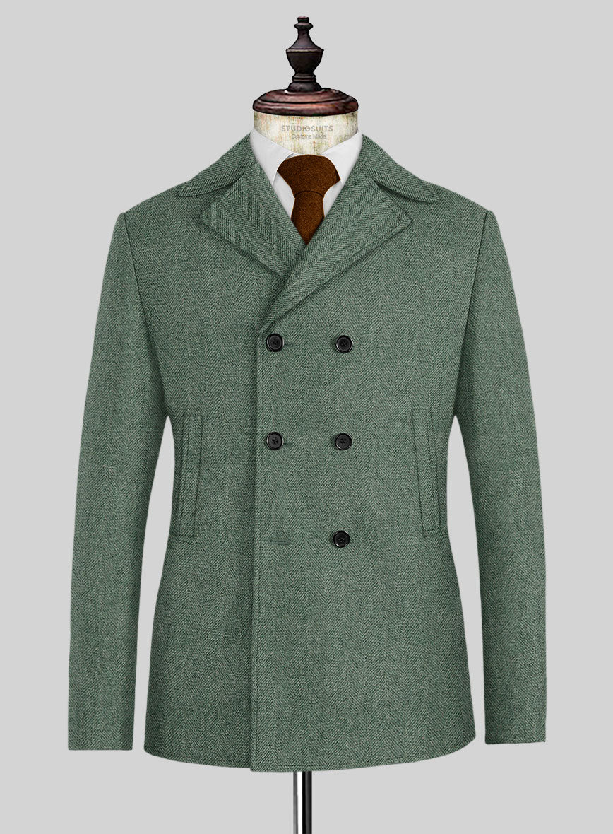 Naples Wide Herringbone Sage Green Tweed Pea Coat - StudioSuits