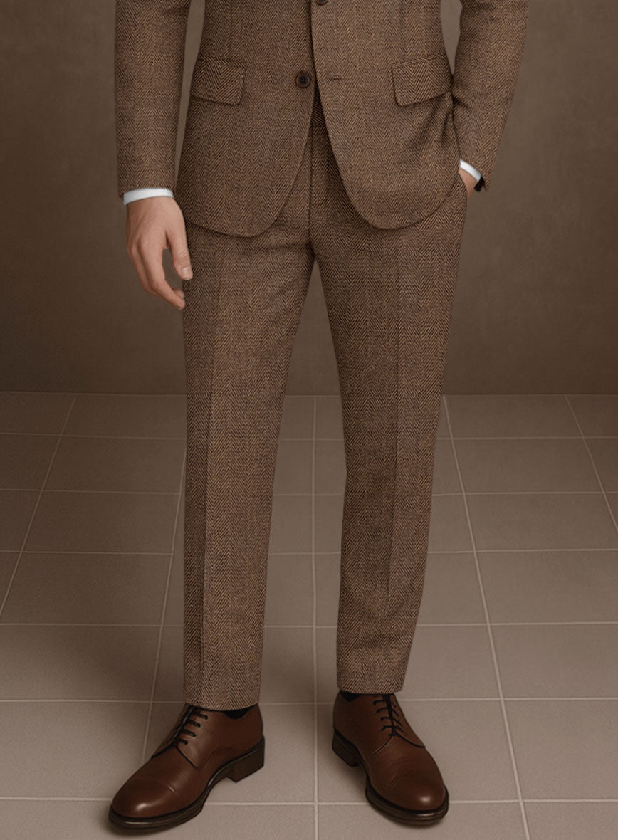 Naples Wide Herringbone Tan Tweed Pants - StudioSuits