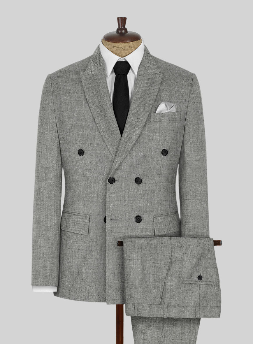 Napolean Sharkskin Light Gray Wool Double Breasted Suit - StudioSuits