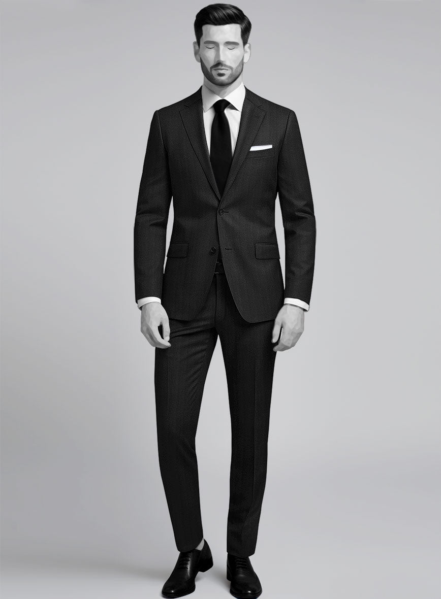 Napolean Curve Black Herringbone Wool Suit - StudioSuits