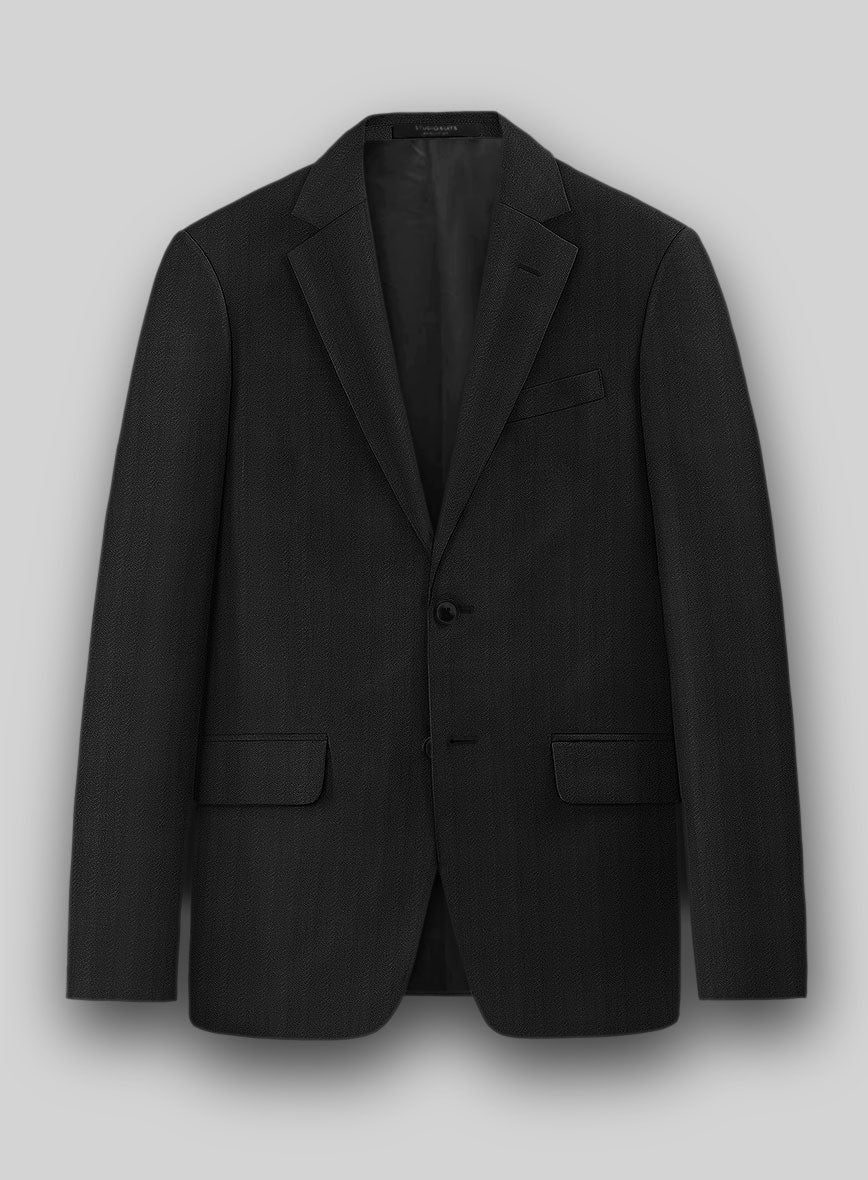 Napolean Curve Black Herringbone Wool Suit - StudioSuits