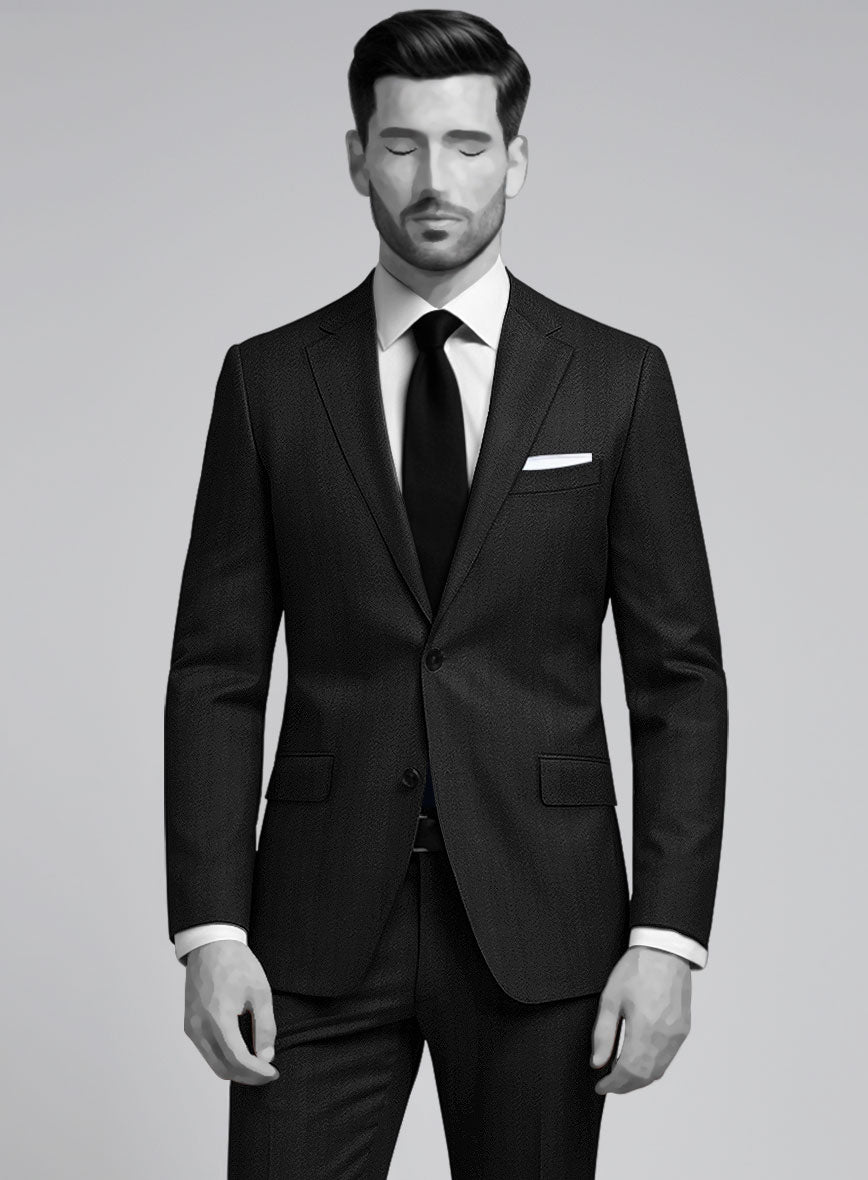 Napolean Curve Black Herringbone Wool Suit - StudioSuits