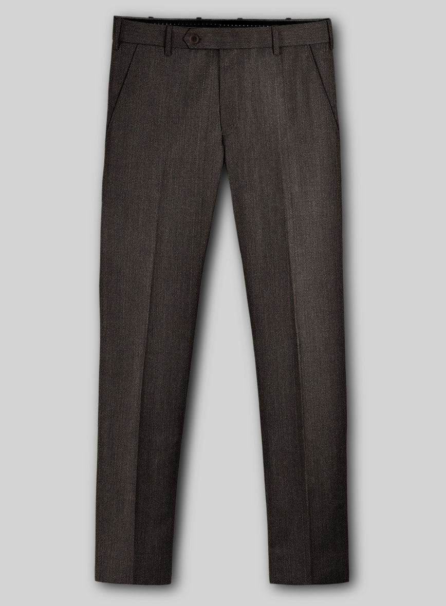 Napolean Dark Brown Herringbone Wool Pants - StudioSuits