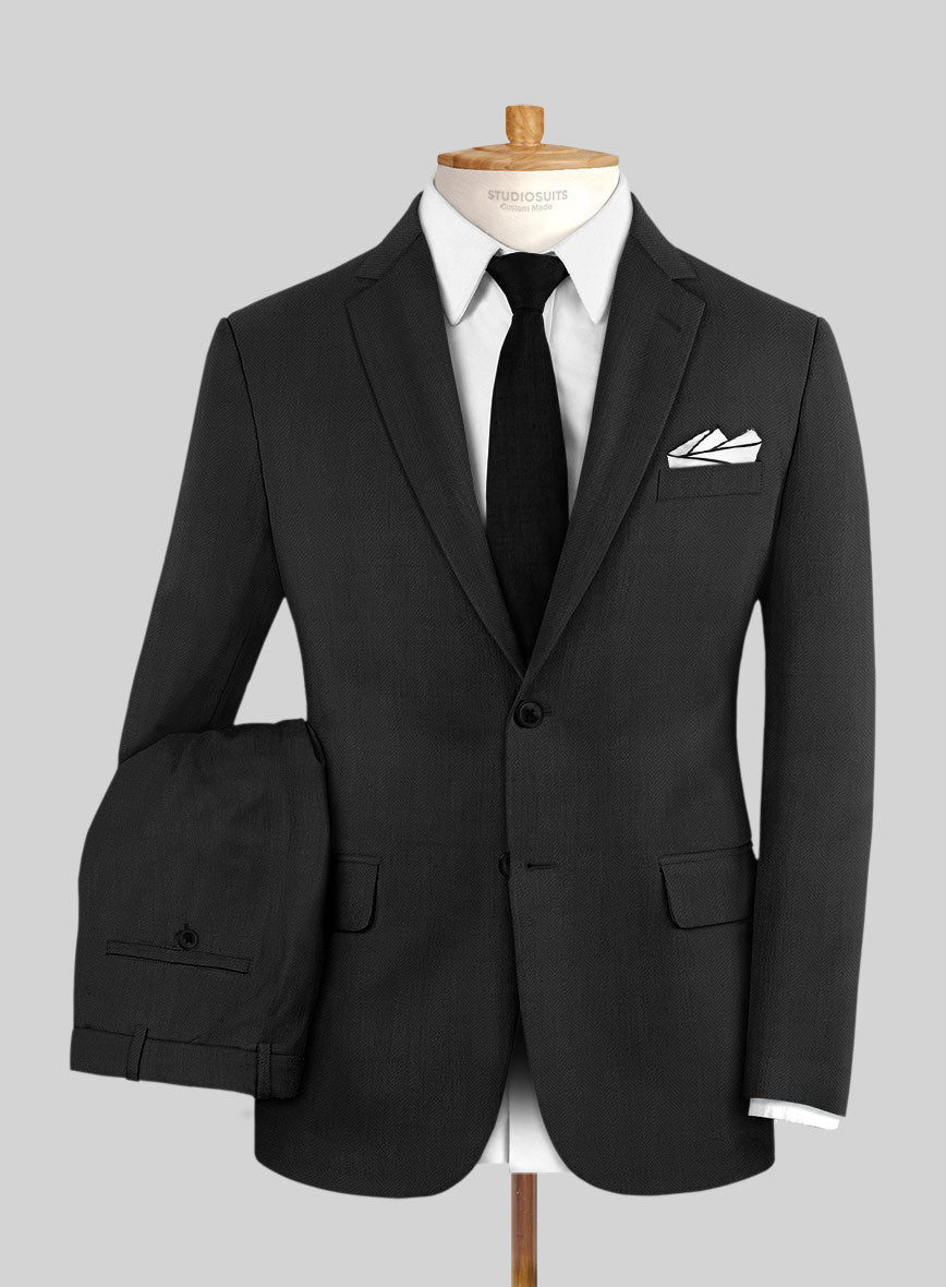 Napolean Imperial Black Herringbone Wool Suit - StudioSuits