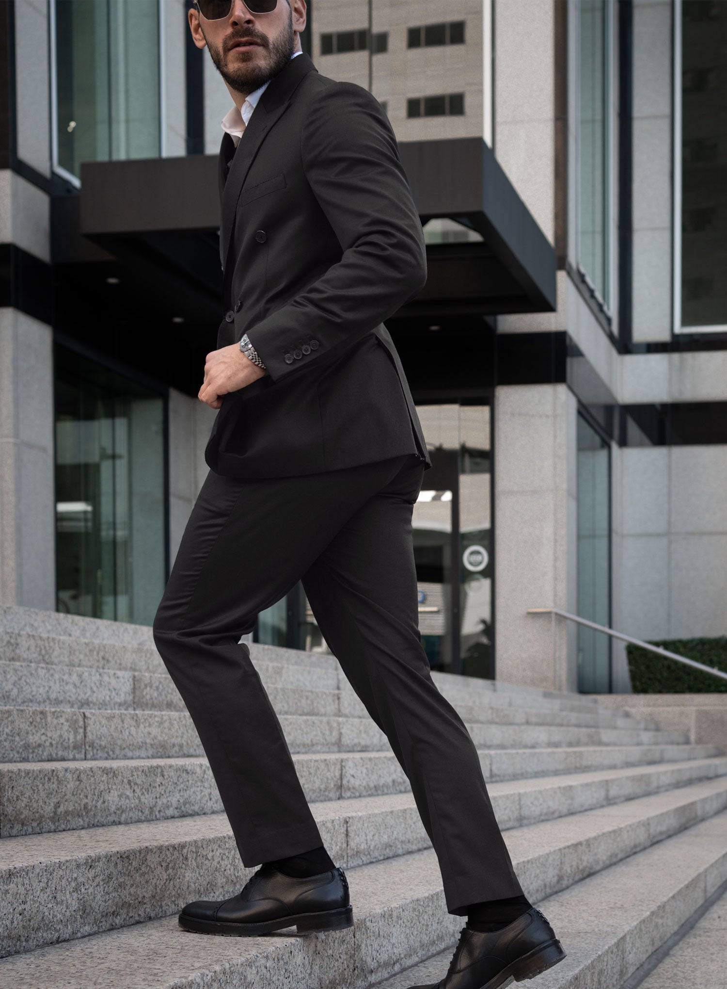 Napolean Stretch Black Wool Double Breasted Suit - StudioSuits