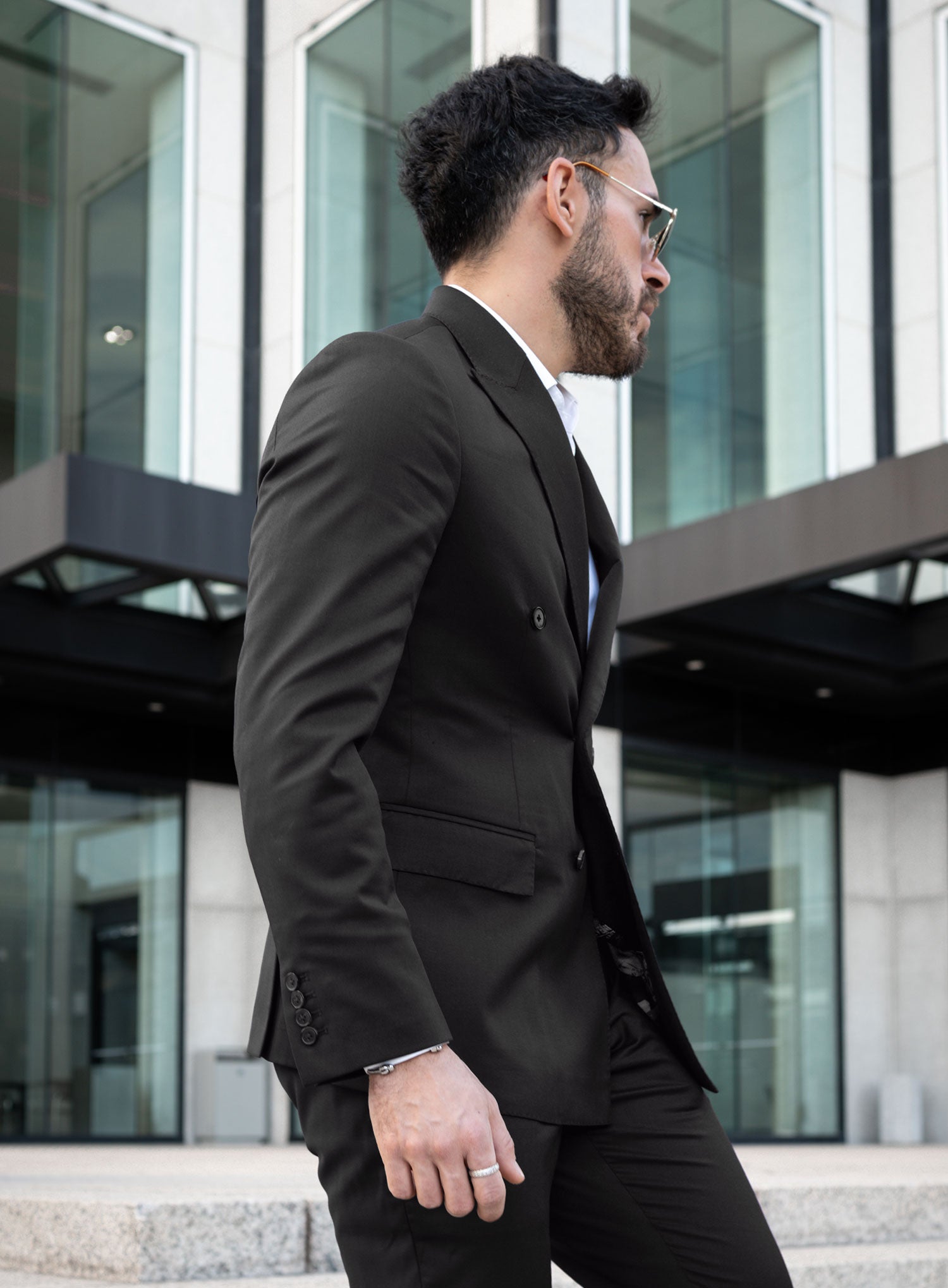 Napolean Stretch Black Wool Double Breasted Suit - StudioSuits