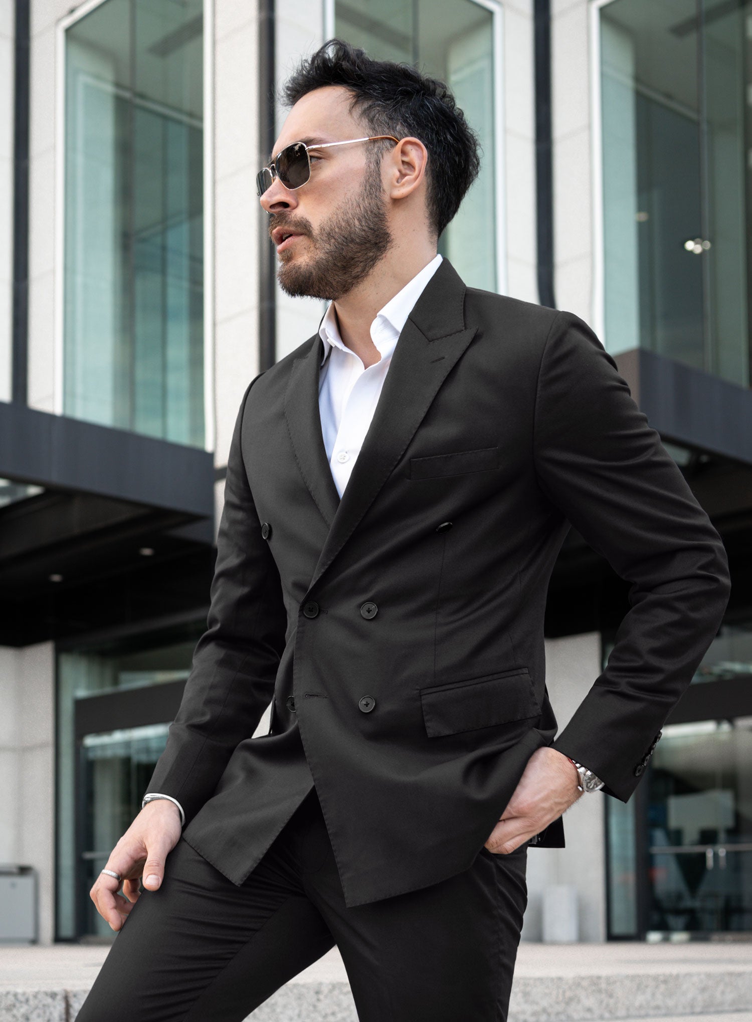 Napolean Stretch Black Wool Double Breasted Jacket - StudioSuits