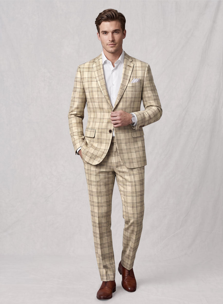 Noble Beige Check Wool Silk Linen Suit - StudioSuits
