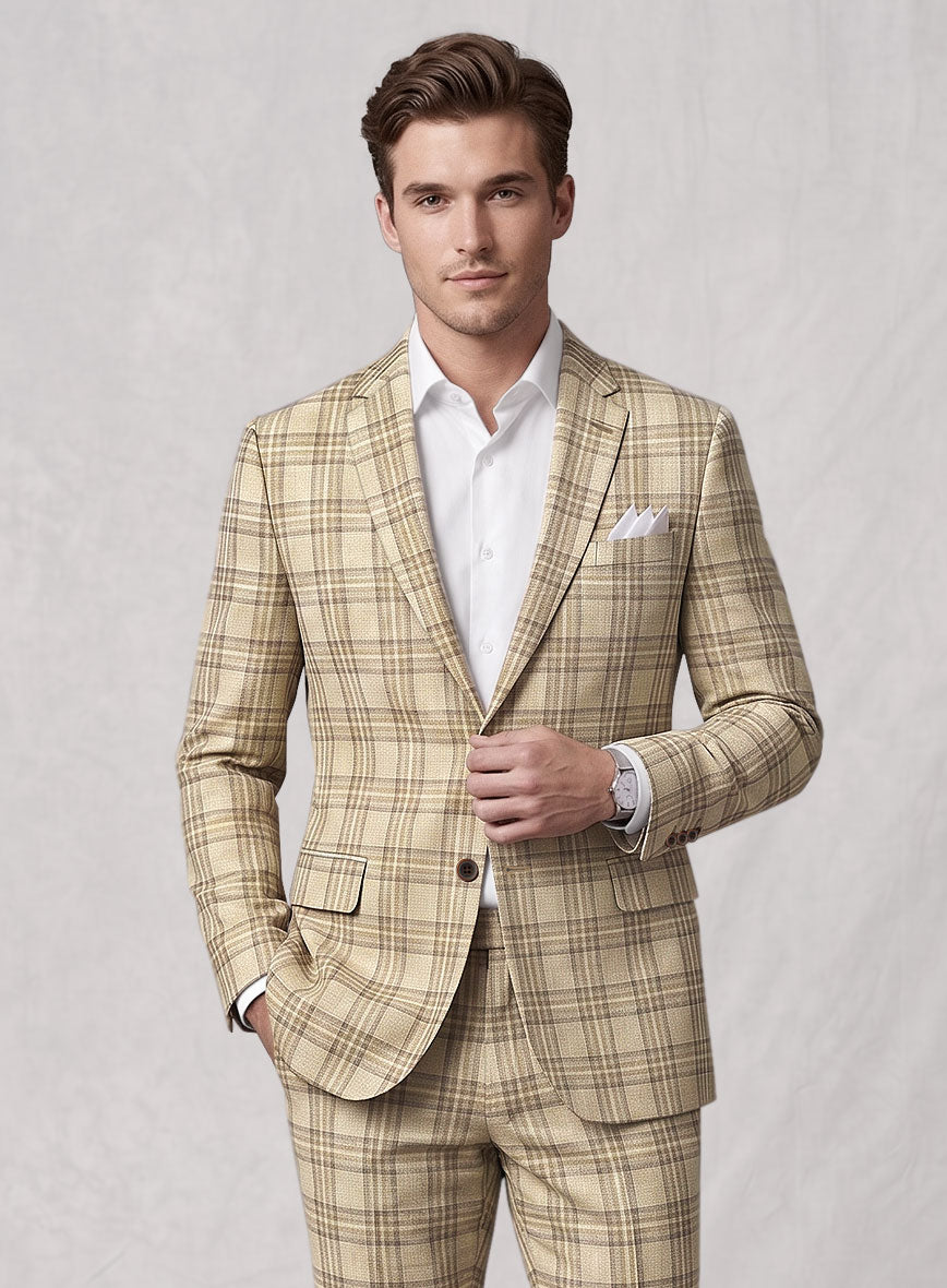 Noble Beige Check Wool Silk Linen Suit - StudioSuits