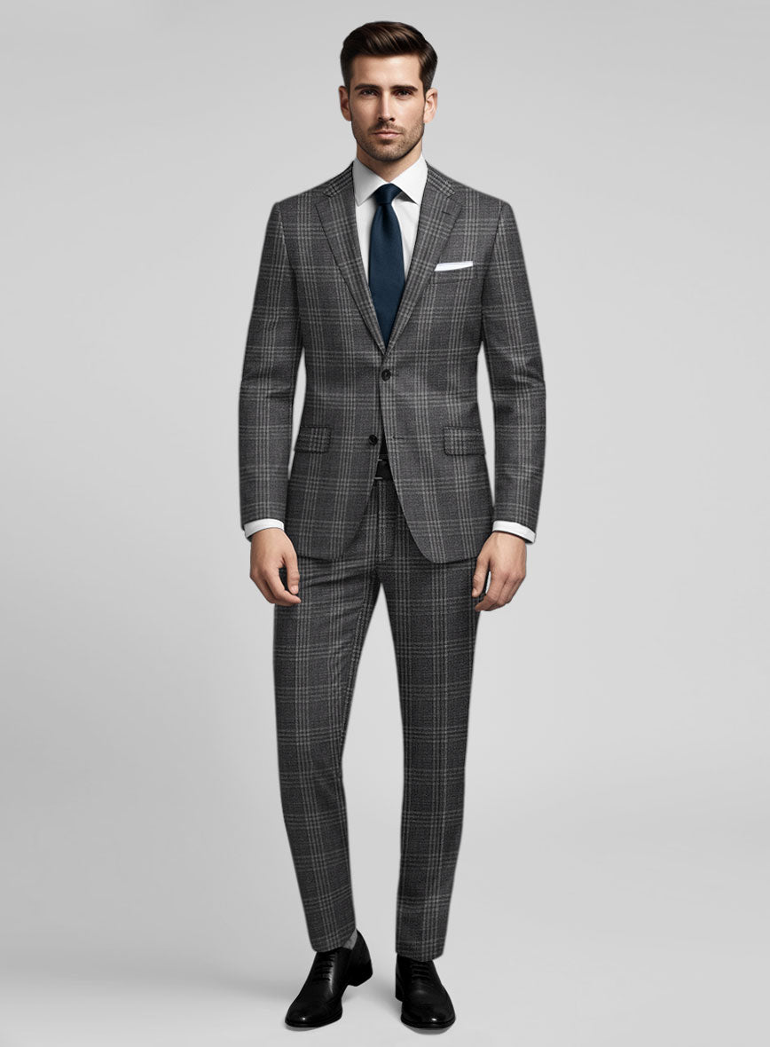 Noble Dark Gray Check Wool Silk Linen Suit - StudioSuits