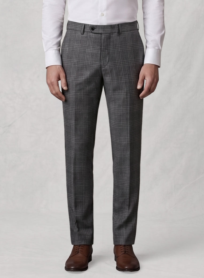 Noble Gray Check Wool Silk Linen Pants - StudioSuits