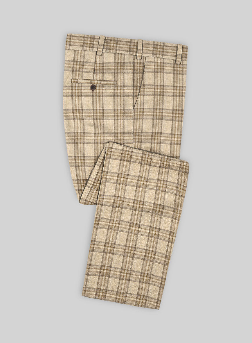 Noble Beige Check Wool Silk Linen Pants - StudioSuits