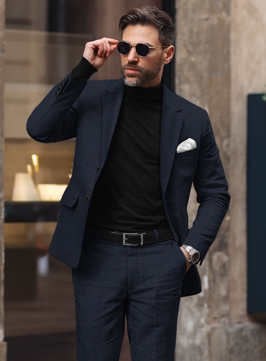 Noble Dark Blue Wool Silk Linen Suit - StudioSuits