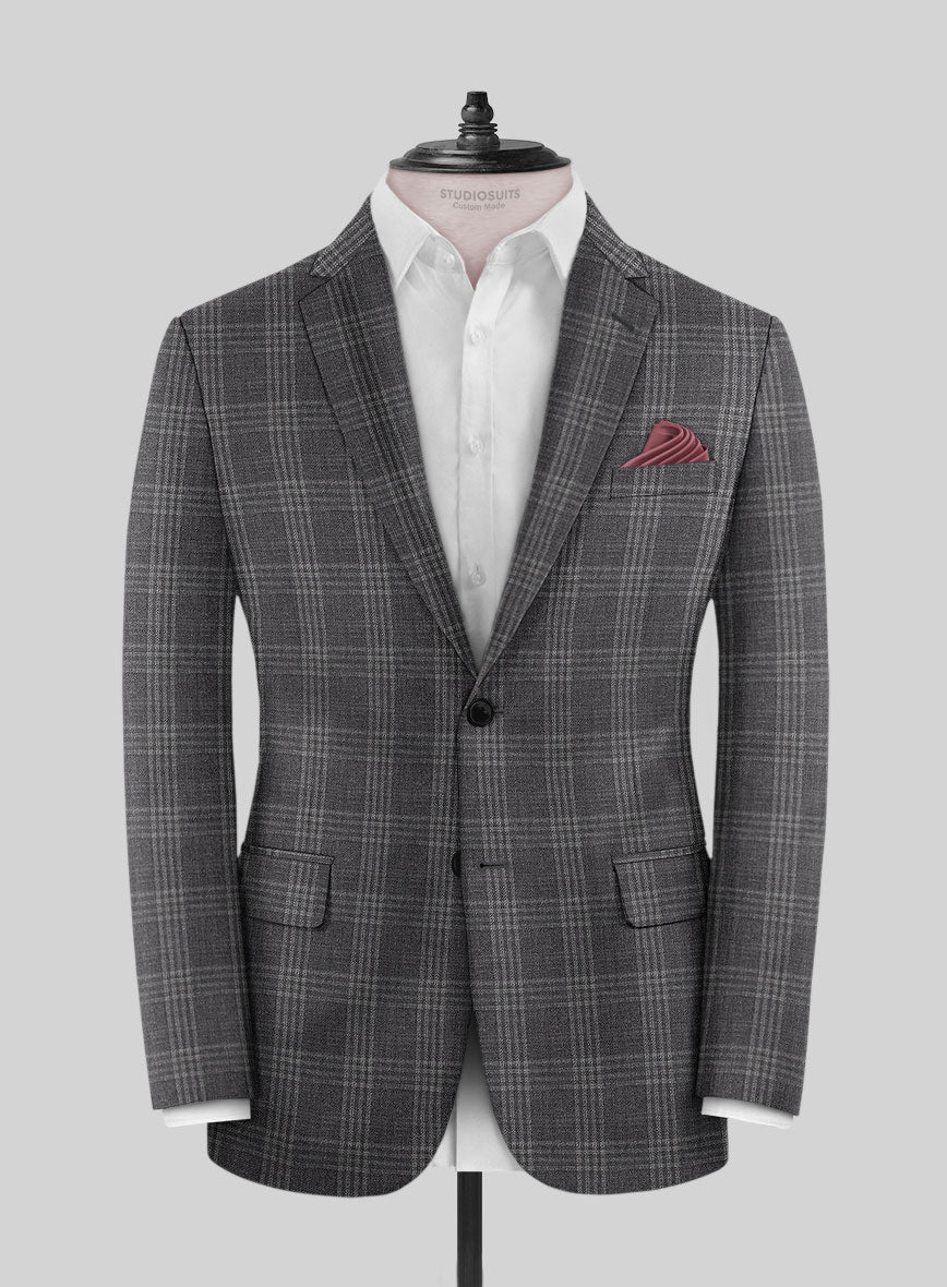 Noble Dark Gray Check Wool Silk Linen Jacket - StudioSuits