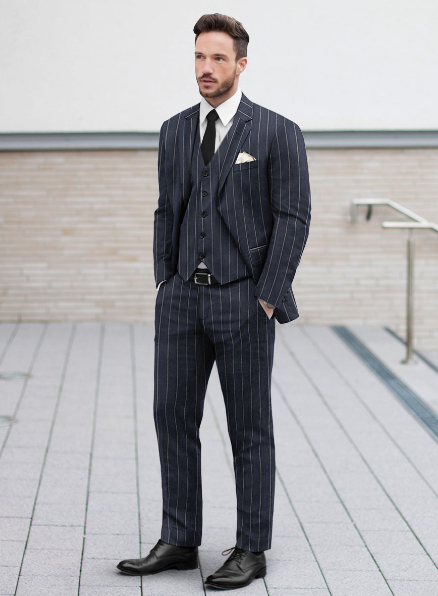 Noble Loredana Blue Stripe Cotton Silk Linen Suit - StudioSuits