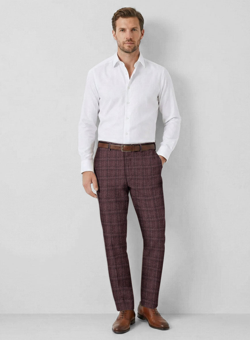 Noble Purple Check Wool Silk Linen Pants - StudioSuits