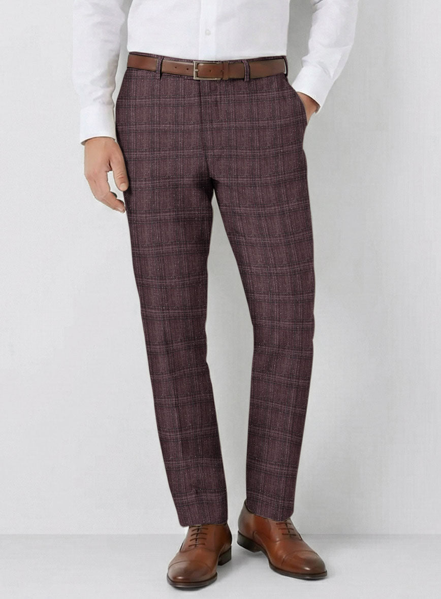 Noble Purple Check Wool Silk Linen Pants - StudioSuits