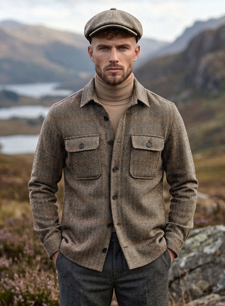 Nomad Harris Tweed Rustic Brown Herringbone Shirt - StudioSuits