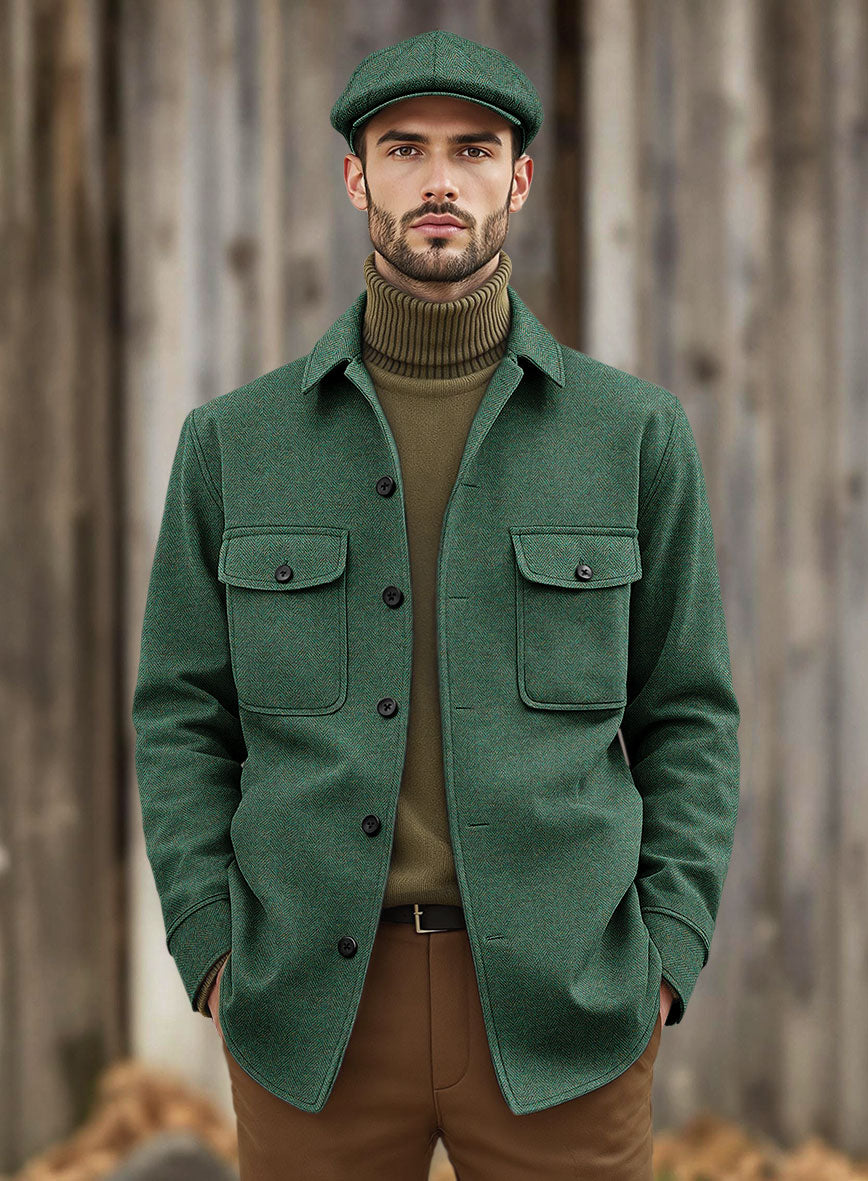 Nomad Bottle Green Herringbone Tweed Shirt - StudioSuits