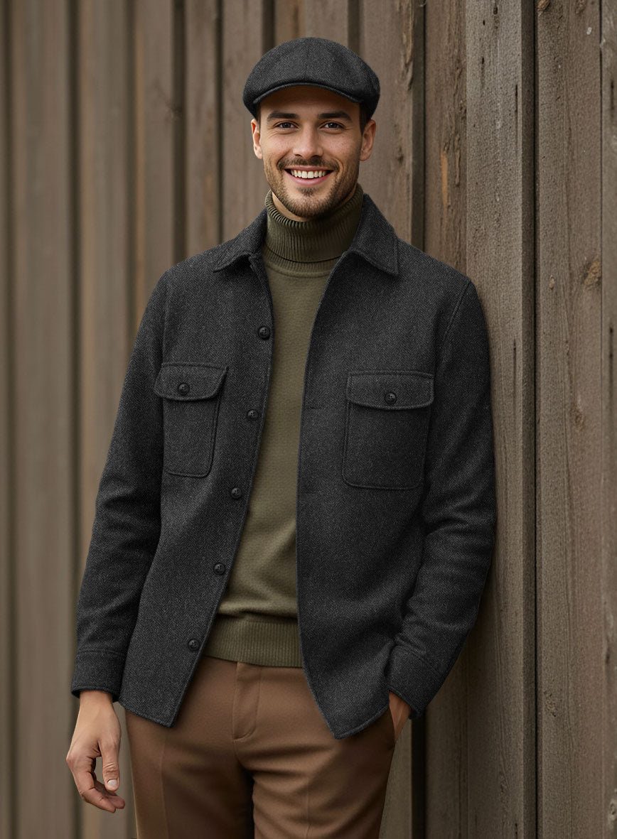 Nomad Charcoal Herringbone Tweed Shirt - StudioSuits