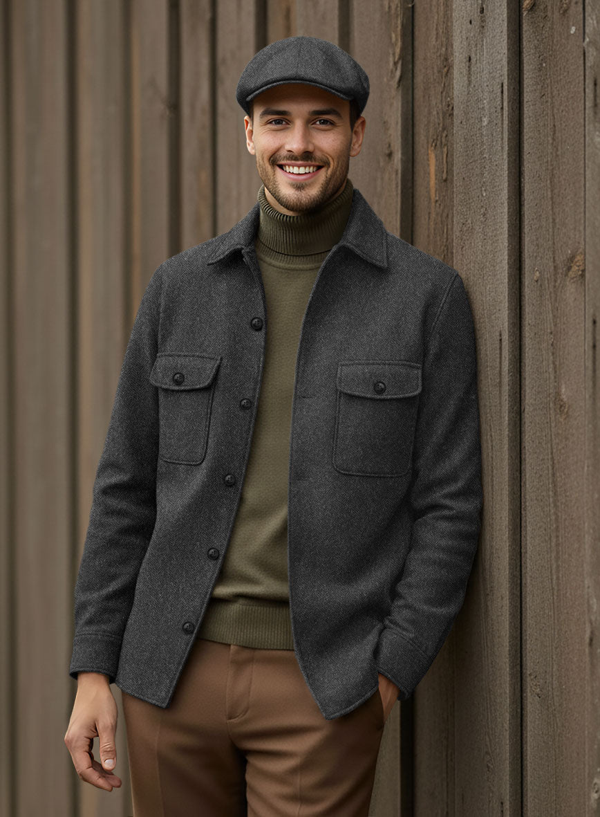 Nomad Charcoal Herringbone Tweed Shirt - StudioSuits