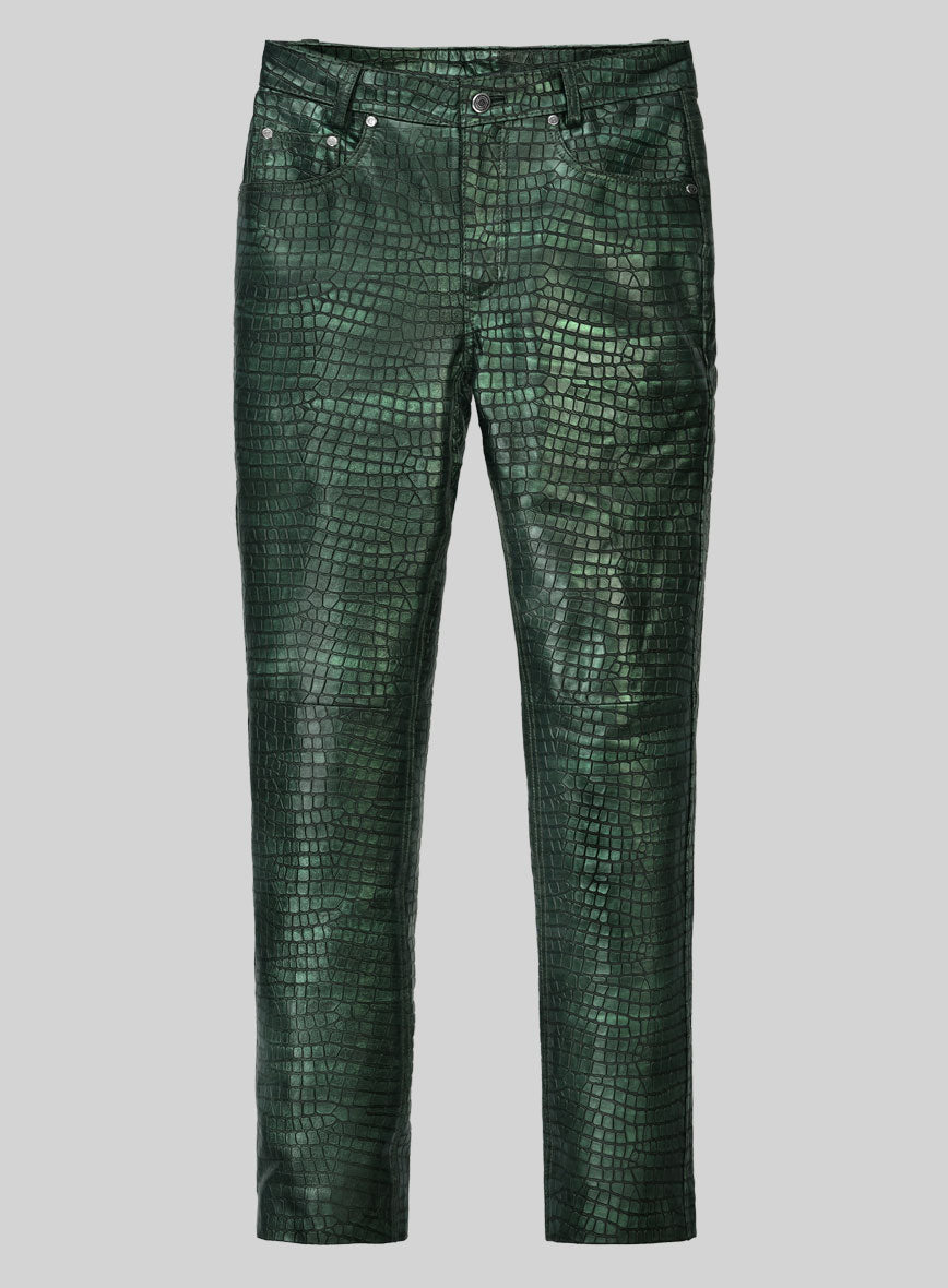 Obscure Croc Metallic Green Leather Pants - StudioSuits