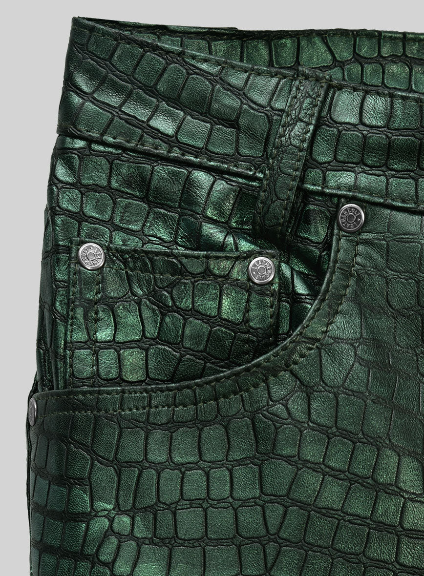 Obscure Croc Metallic Green Leather Pants - StudioSuits