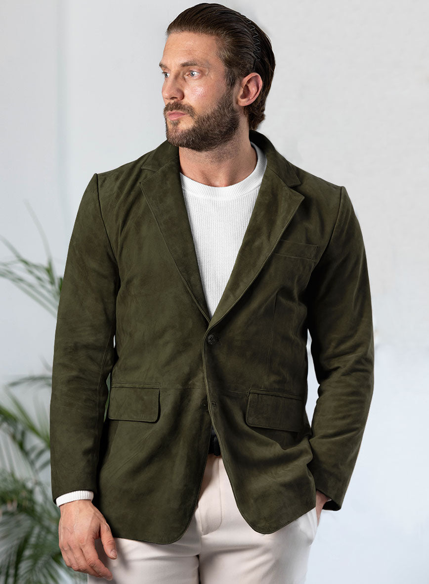 Olive Green Suede Leather Blazer - StudioSuits