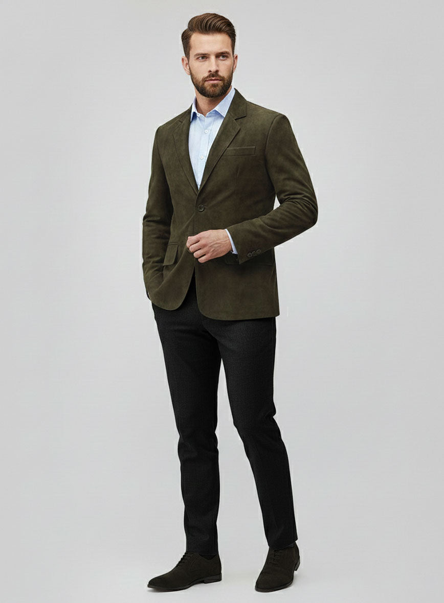 Olive Green Suede Leather Blazer - StudioSuits
