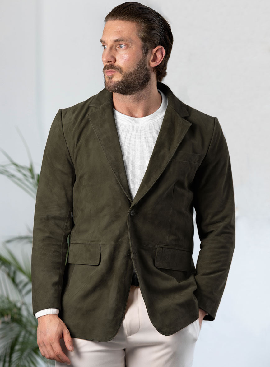 Olive Green Suede Leather Blazer - StudioSuits