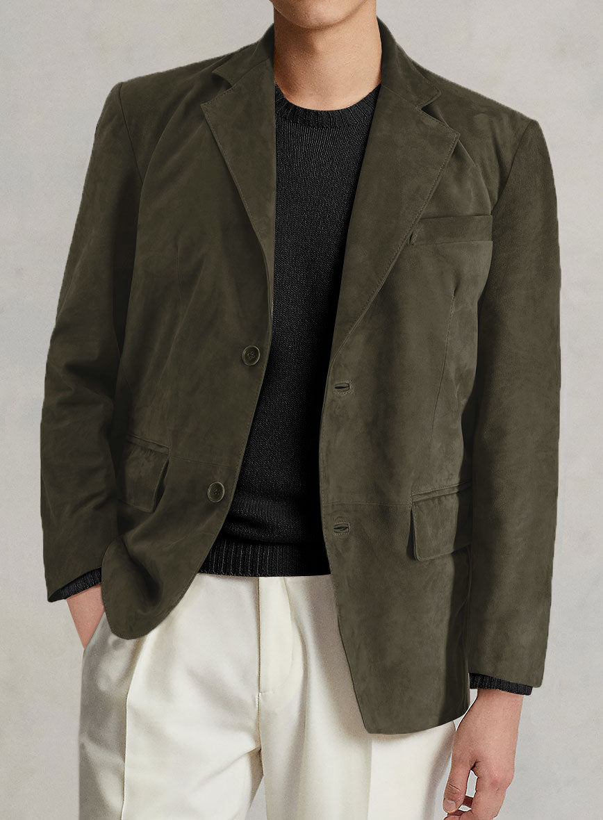 Olive Green Suede Leather Blazer - StudioSuits