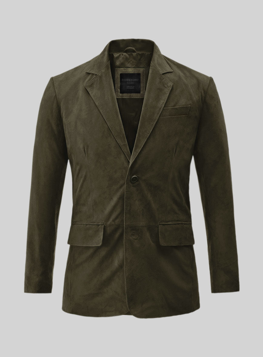 Olive Green Suede Leather Blazer - StudioSuits