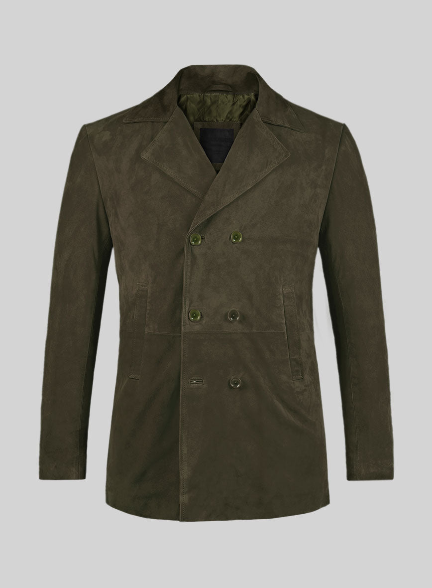Olive Green Suede Leather Pea Coat - StudioSuits