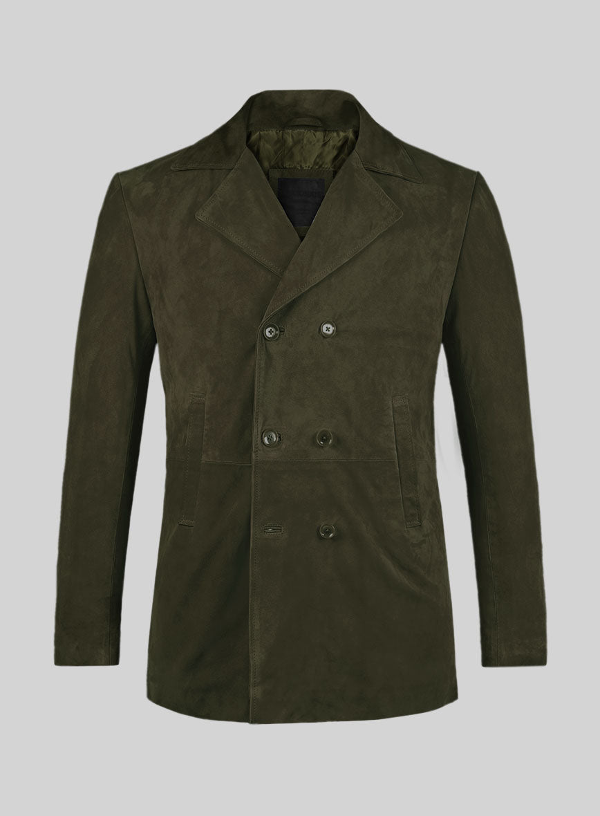 Olive Green Suede Leather Pea Coat - StudioSuits