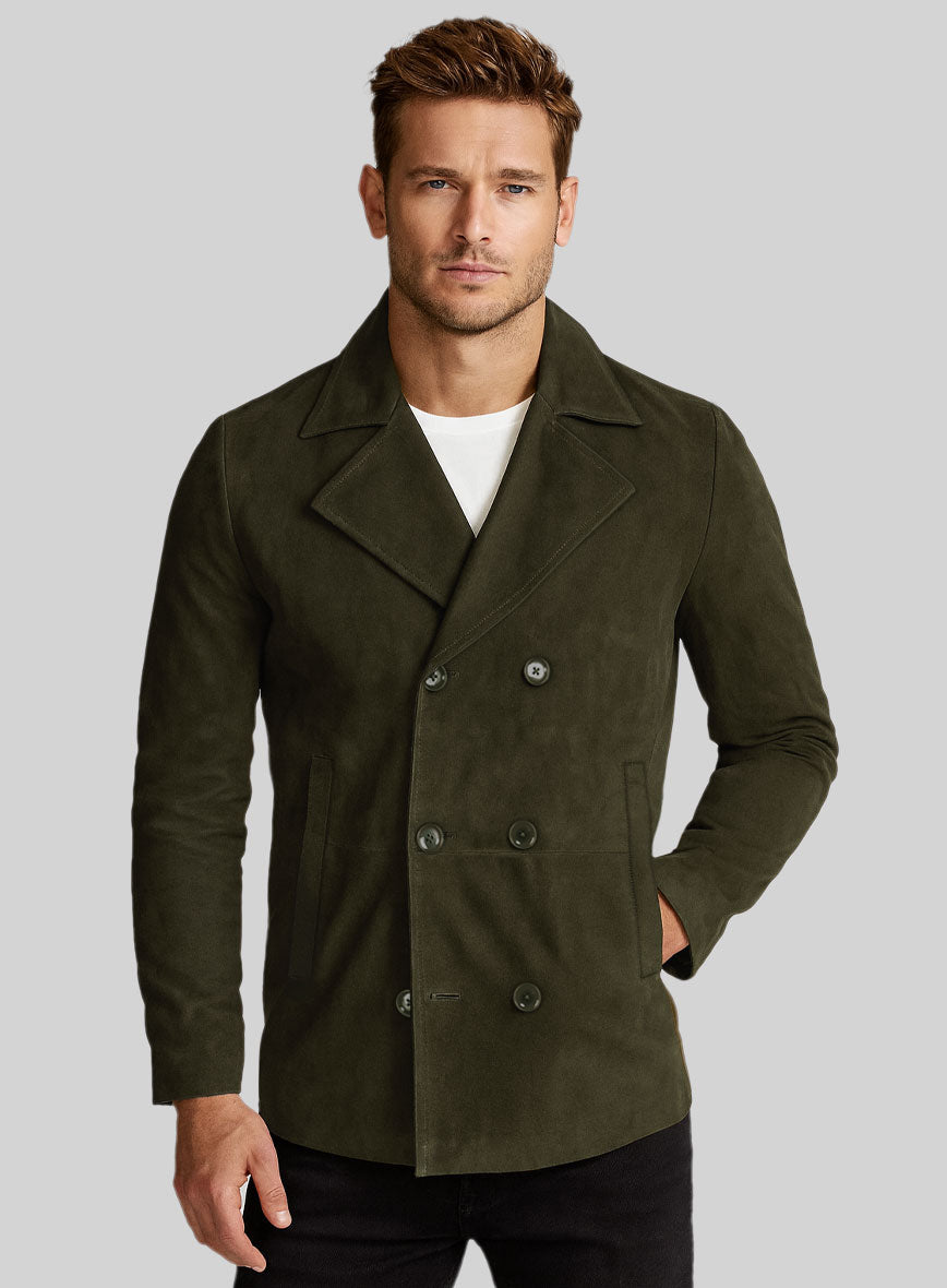 Olive Green Suede Leather Pea Coat - StudioSuits