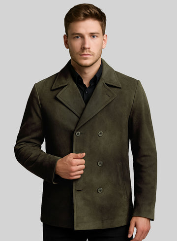 Olive Green Suede Leather Pea Coat - StudioSuits