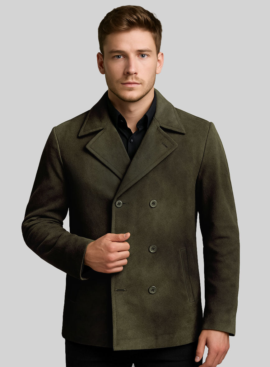 Olive Green Suede Leather Pea Coat - StudioSuits
