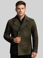 Olive Green Suede Leather Pea Coat - StudioSuits