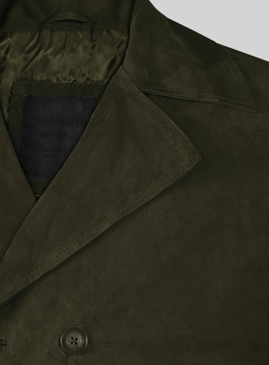 Olive Green Suede Leather Pea Coat - StudioSuits