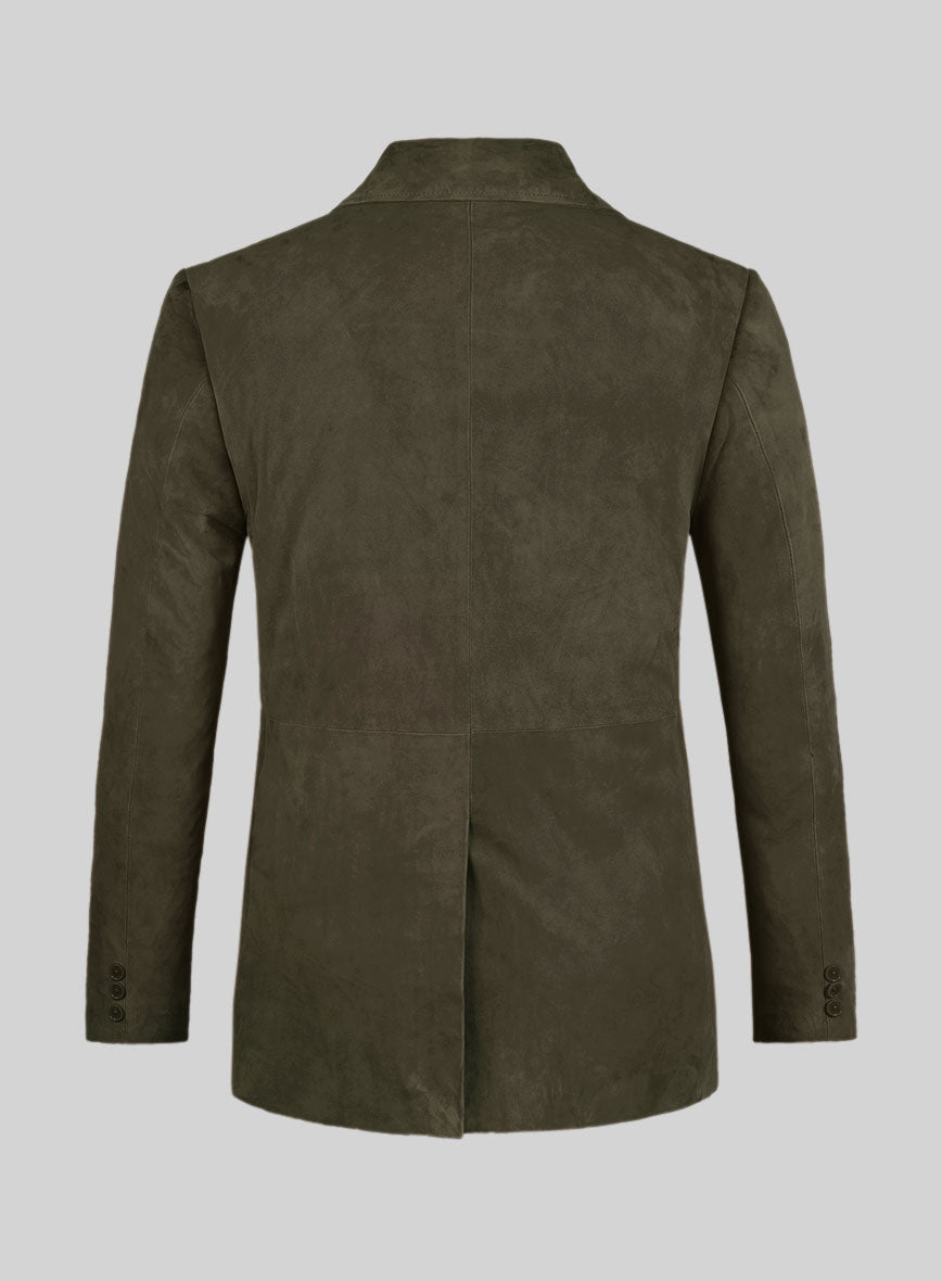 Olive Green Suede Leather Pea Coat - StudioSuits