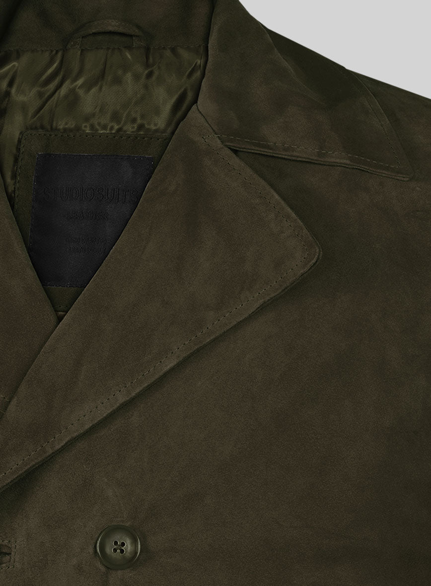 Olive Green Suede Leather Pea Coat - StudioSuits