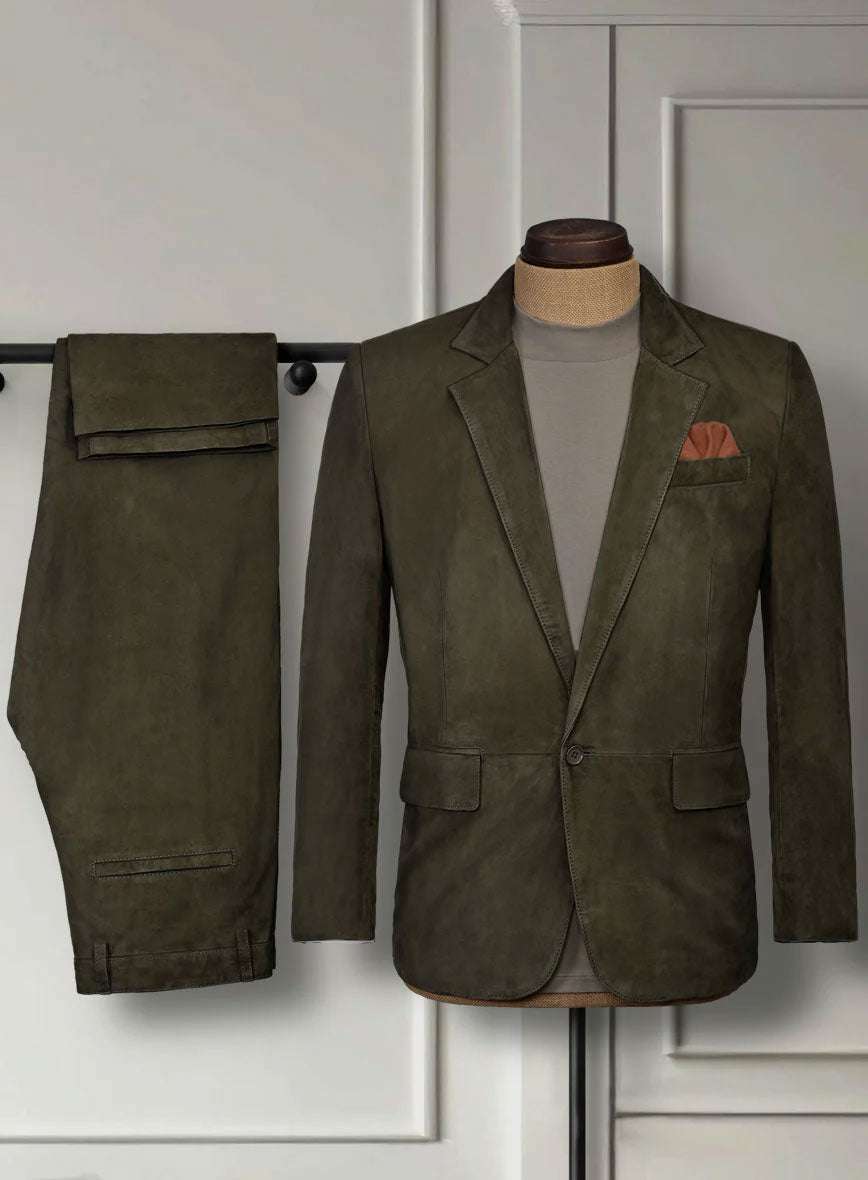 Olive Green Suede Leather Suit - StudioSuits