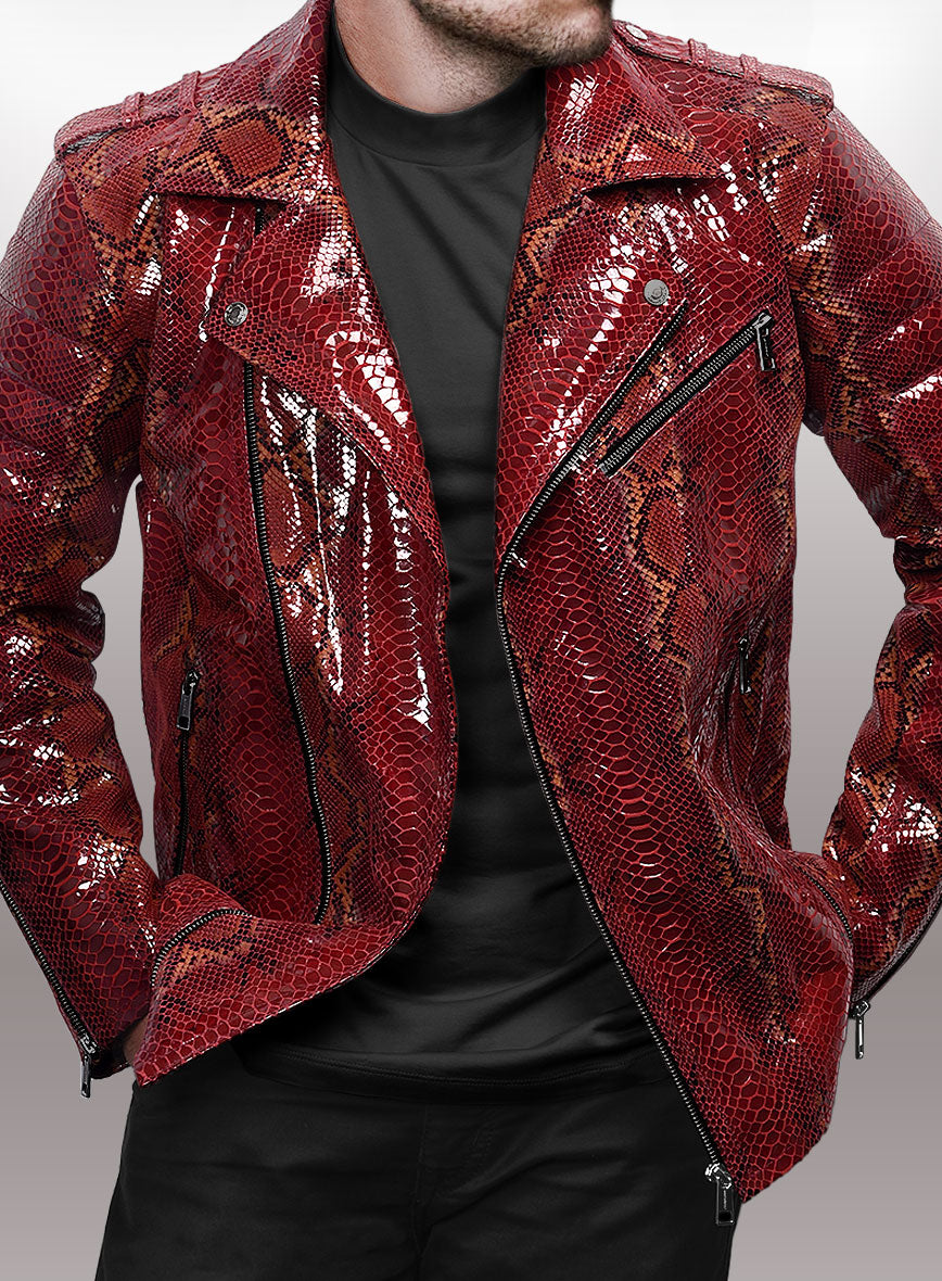 Opulent Bold Red Python Leather Jacket - StudioSuits