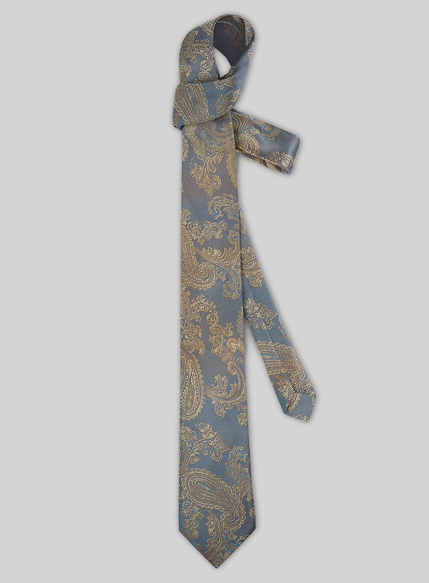 Paisley Pine Blue Satin Tie - StudioSuits