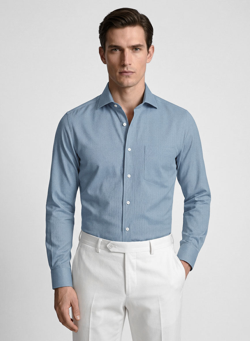 Pastle Mist Blue Herringbone Cotton Shirt - StudioSuits