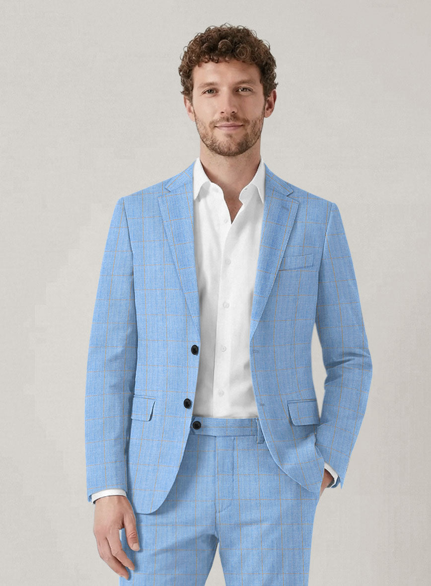 Italian Prato Blue Windowpane Linen Jacket - StudioSuits