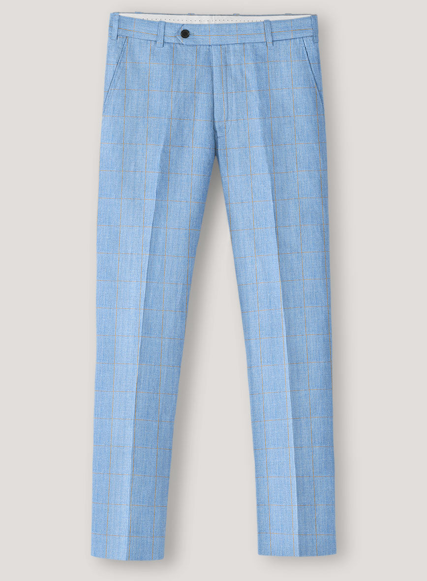 Italian Prato Blue Windowpane Linen Pants - StudioSuits