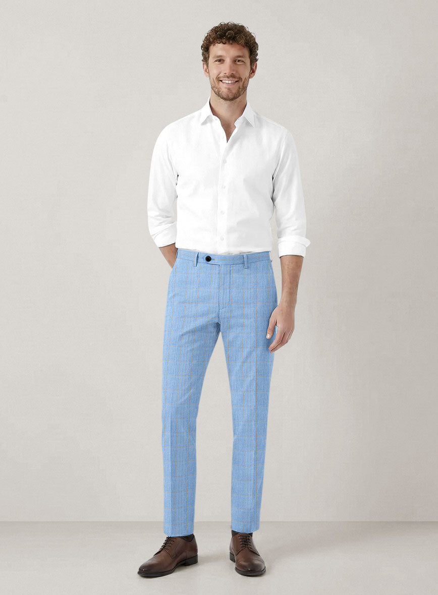Italian Prato Blue Windowpane Linen Pants - StudioSuits